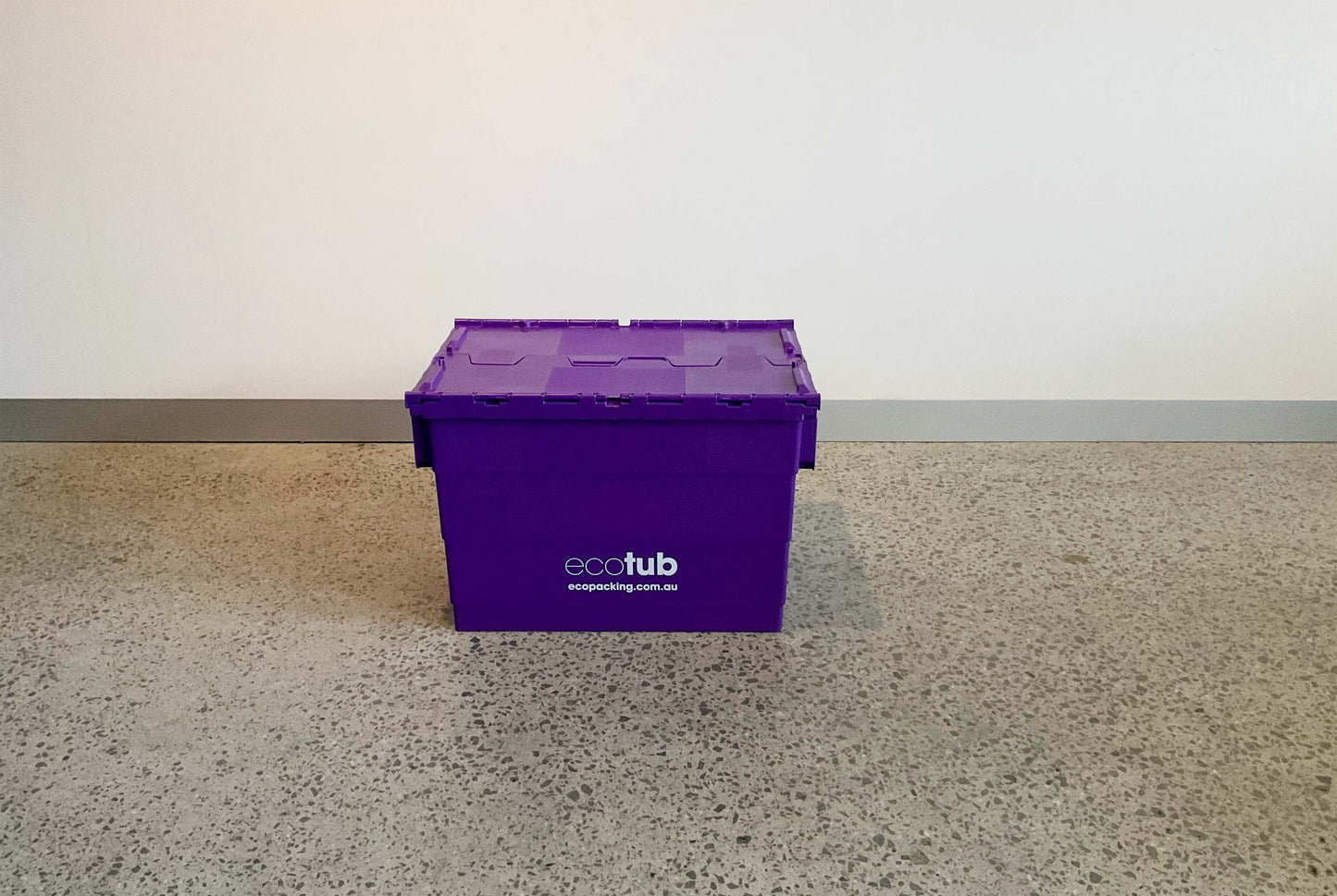 The large eco packing tub shown from side on, is plain purple with the word eco tub and the eco packing website address.
